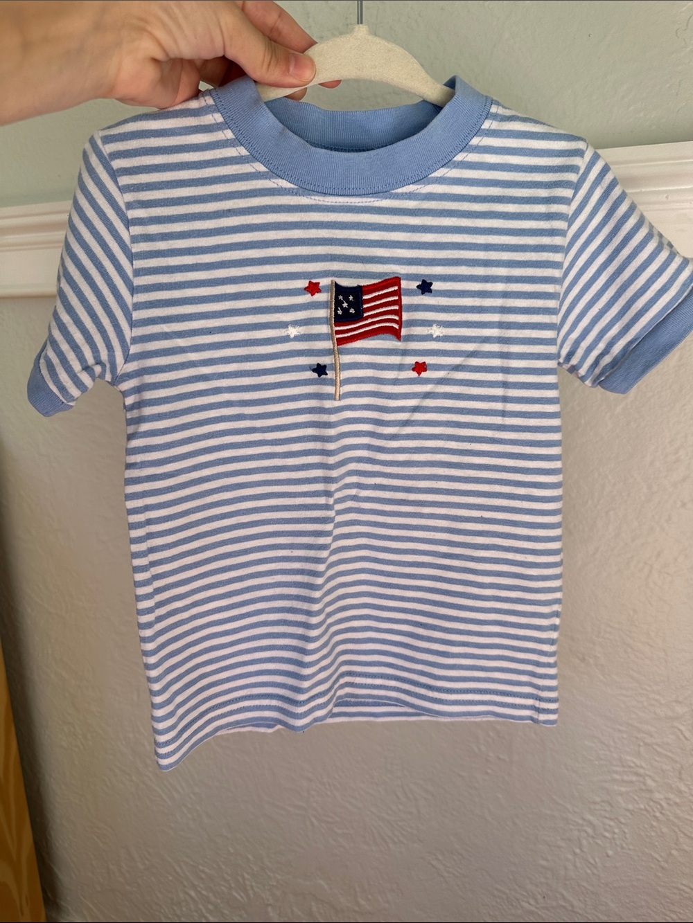 Little English Light Blue & White Striped Tee with Flag Embroidery